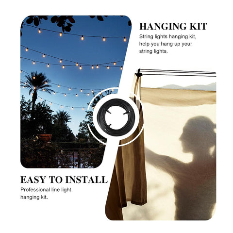 HAKIDZEL 50m Black Stainless Steel String Light Hanging Kit – PVC-Coated Wire Rope with Turnbuckles, Hooks, Straps, Screws & Cable Clamps for Outdoor Festoon Lights
