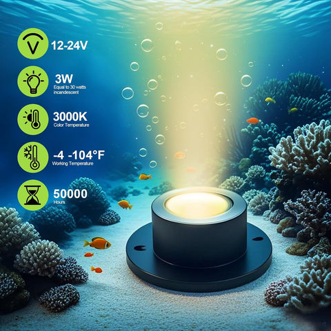 MY Lighting 3W LED Pond Lights 12–24V AC/DC, IP68 Underwater Pond & Fountain Lights, 3000K Warm White, 4 Pack