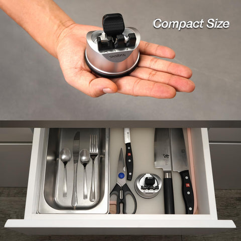 3-Stage Kitchen Knife and Scissors Sharpener – Professional Tungsten Carbide & Ceramic Sharpening Tool for Straight and Serrated Blades, Safe Suction Base, Compact Silver