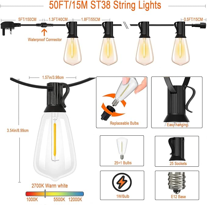 30MT Festoon Lights Outdoor Mains LED Waterproof Garden String Lights with 25+1 Shatterproof LED Bulbs, Connectable Patio Lights String for Outside
