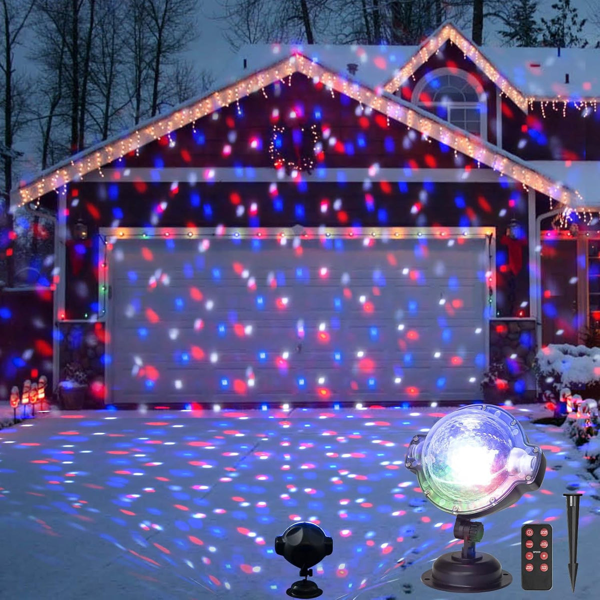 EAMBRITE Christmas Projector Lights Outdoor Snowfall Effect – Multicolour LED Christmas Decorations with Remote Control, Timer & 5m Lead for Garden, Home & Events