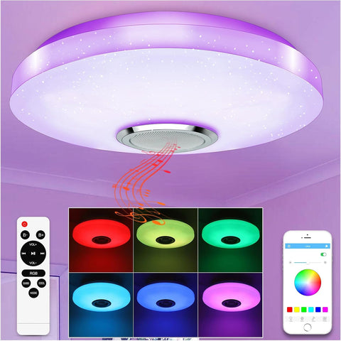Ceiling light fixture with RGB color changing options and remote control on a purple background