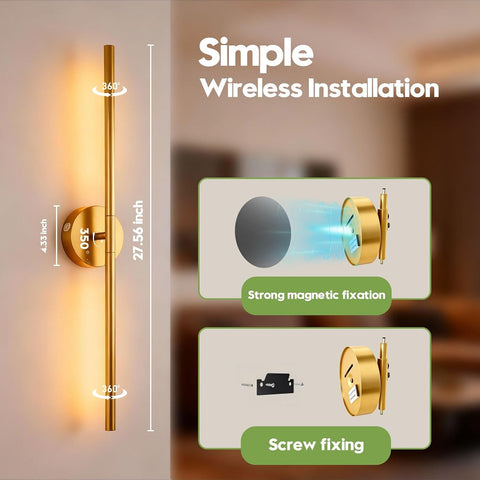 Battery Operated Wall Sconces, 2 Pack 8000mAh Rechargeable Wall Lights, 3000K-6000K Dimmable Wireless Wall Light with Remote Control, 70CM Gold Wall Lamp for Living Room Bedroom Hallway
