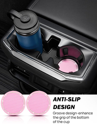 Car Cup Holder Coaster – 2.67 Inch Crystal Rhinestone Set (Pink)