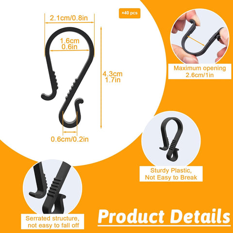 Dalugo 40 Pcs Black Plastic Gutter Hooks for Outdoor Lights – S-Shaped Christmas Light Clips for Gutters, Icicle Lights, LED Decorations & Festive Displays