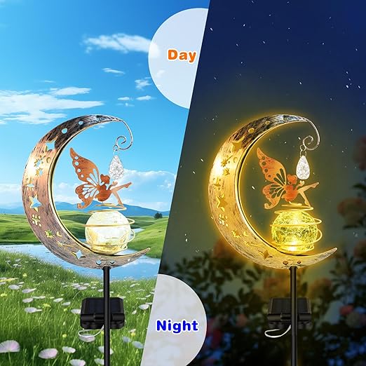 Solar Moon Lights Outdoor Garden Ornaments, Fairy Waterproof Solar Powered Outdoor Light, Star Crackle Glass Ball Stake Metal Lights Solar Garden LED Light Decoration Gift for Patio Lawn Yard Pathway