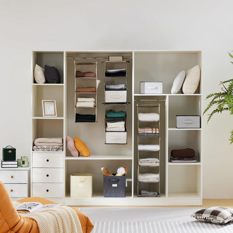 YOUDENOVA Hanging Wardrobe Organiser, 6 Shelves with Side Pockets, Grey – Make Every Shelf Count