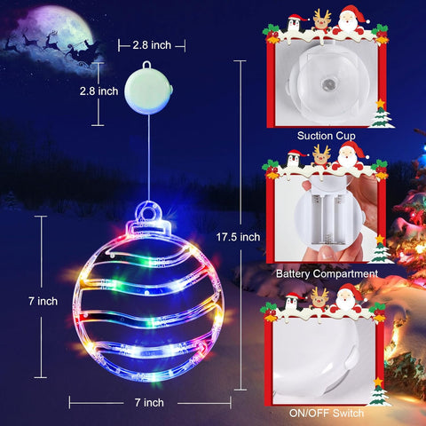 Christmas Window Lights, 3 Pack Multicoloured Ball, Holly Berry & Candy Cane with Suction Cup, Timer Function & Slow Fade Mode – Battery Operated LED Window Decorations