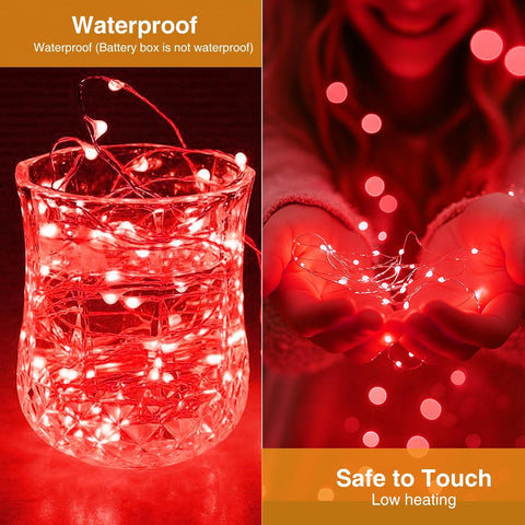 Red Battery Operated Fairy Lights with Timer, 3M 30 LED Waterproof Copper Wire String Lights for Valentine’s Day, Wedding, Bedroom & Party Decor