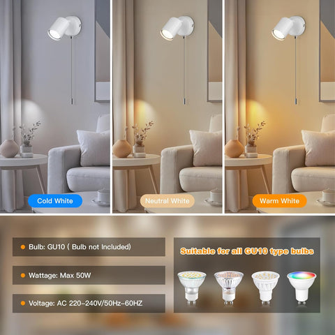 Modern Adjustable Indoor Wall Lamp - with Pull Cord Switch - White Wall Spotlight Fixtures - Wall Sconces for Bedroom Bedside Hallway - Bulb Not Included