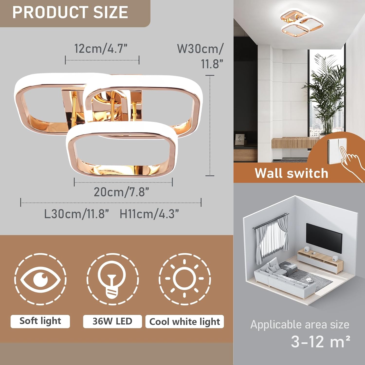 Ceiling light fixture with dimensions, features, and installation instructions.