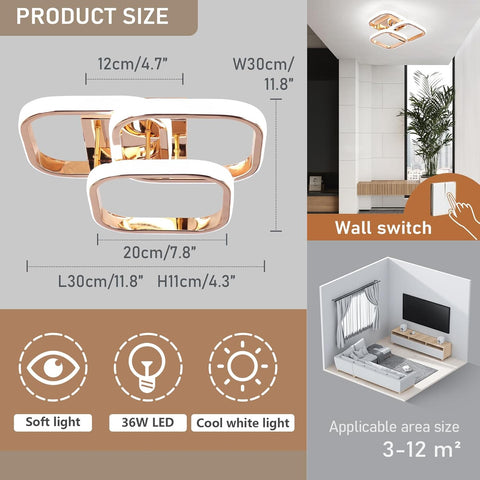 Ceiling light fixture with dimensions, features, and installation instructions.