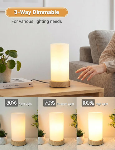 Small Glass Touch Bedside Lamp with 3-Way Dimming, E14 LED Bulb & Wood-Grain Base – Compact Table Lamp for Bedroom, Living Room & Desk