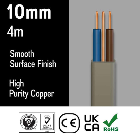 Primes DIY Electric Socket wire cable 10mm Twin and Earth Flat Grey PVC Lighting Electric Cable 6242Y electrical Wire BASEC Approved (4 Meter)