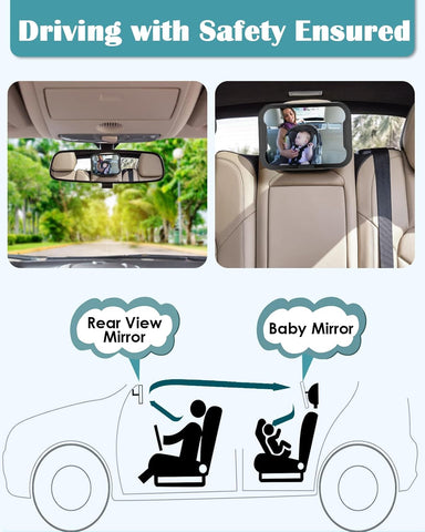 Zacro Baby Car Mirror - 360° Adjustable Black Rear View for Safety