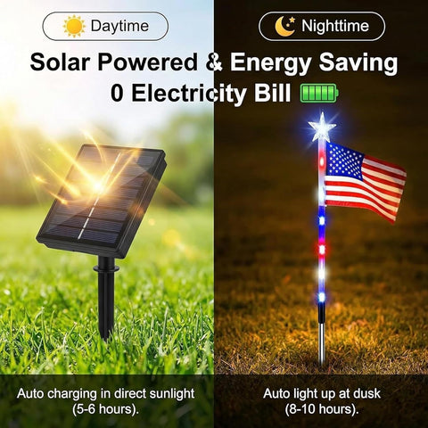 Solar Pathway Lights With American Flag White Blue Lighting