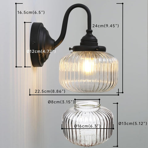 Vintage Gooseneck Wall Light Sconce with Clear Striped Glass Globe Shade Hardwired Bedside Wall Mounted Lamp Fixture