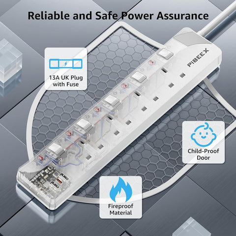 5M Extension Lead with PD 20W USB C, 4 Way Multi Plug Extension Cable with 3 USB Ports, 13A Fused UK Plug, Long Power Cord with Fast Charging USB C, Individual Switches for Home Office Bedroom