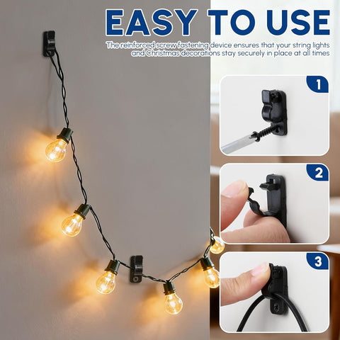 60 Pcs Outdoor Light Clips for String Lights – Black Screw-In Fairy Light Hooks for Christmas, Patio & Garden – Keep Every Light Exactly Where You Want It