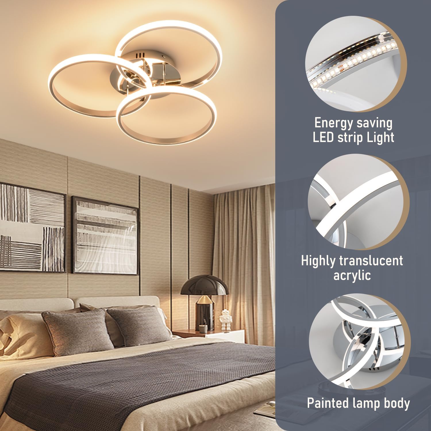 Modern ceiling light fixture in a bedroom setting with features highlighted.