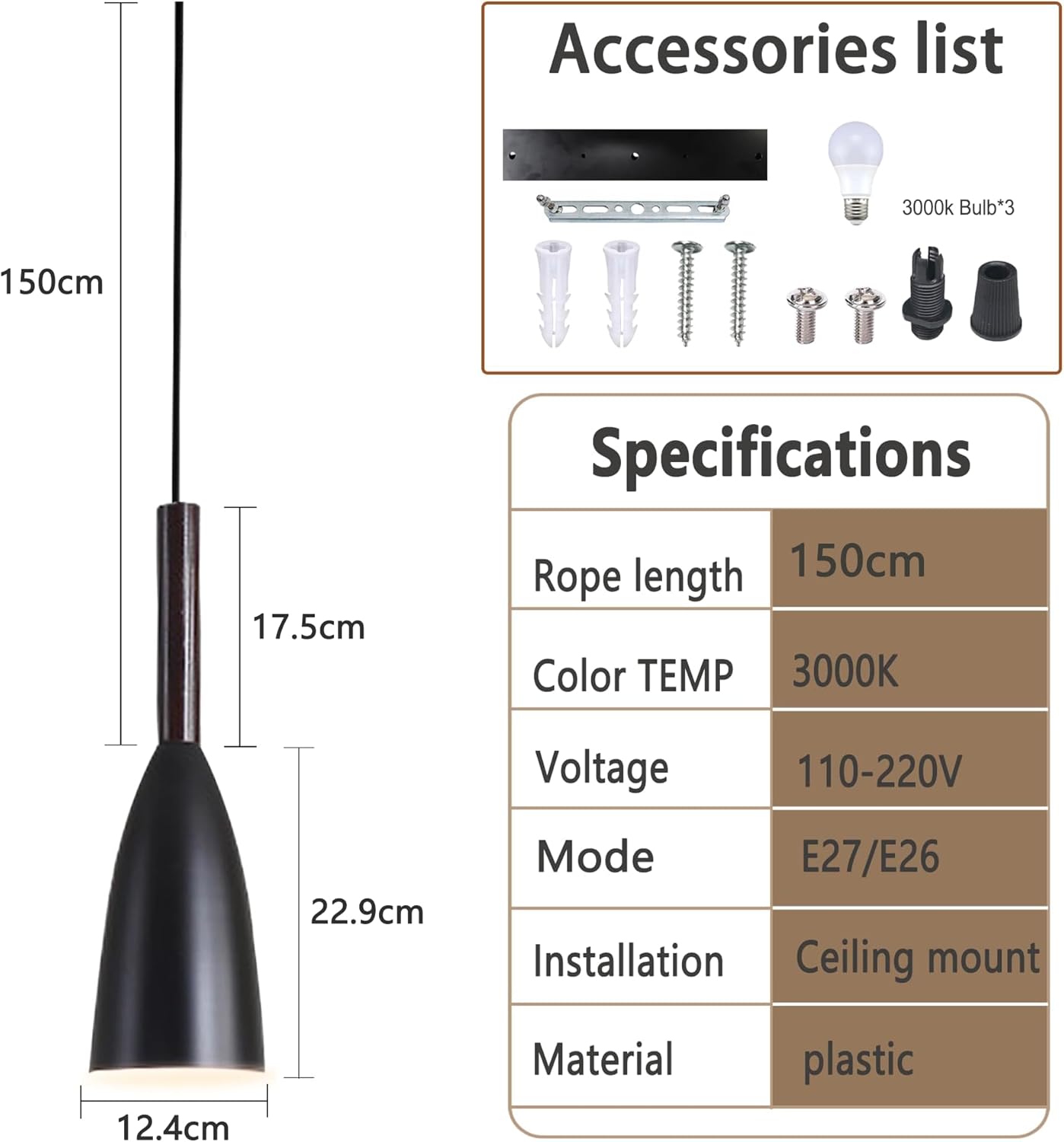 Pendant light with dimensions, accessories list, and specifications on a white background