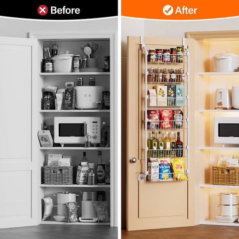 Delamu 8-Tier Over Door Storage Organiser, Adjustable Metal Pantry Shelves, Hanging Spice Rack for Kitchen, Bathroom & Laundry, White