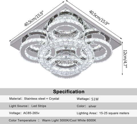 Modern Crystal LED Chandelier, 5-Ring Square Flush Mount Ceiling Light