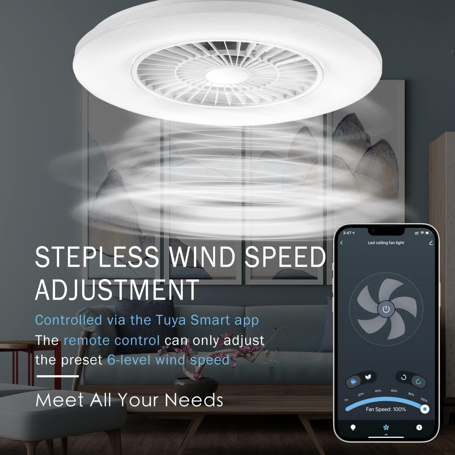 Ceiling fan with smartphone app control in a living room setting