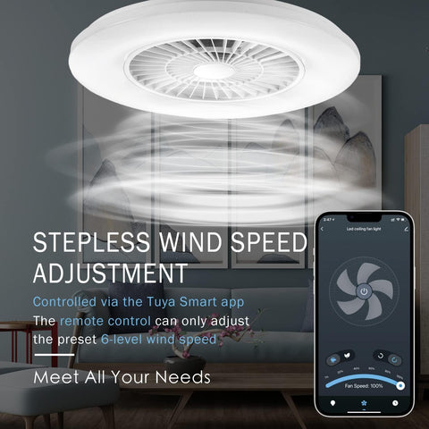 Ceiling fan with smartphone app control in a living room setting