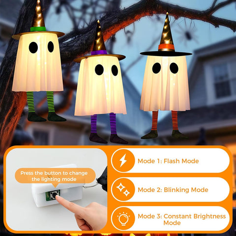 CNMTCCO Halloween Hanging Ghost Decorations 3 Pack – Light Up Witch Hat Ghosts with Multicolour LEDs for Indoor & Outdoor Halloween Party Décor