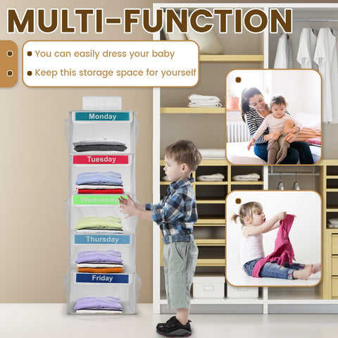 5- Shelf Weekly Clothes Organizer for Kids, Kids Daily Clothes Organiser, Day of Week Clothes Organiser ,Hanging Closet Organizer,Monday Through Friday Clothes Organizer for Hats T-Shirts (Grey)