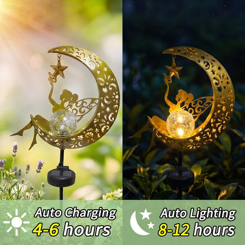 Solar Lights Outdoor Garden, Solar Moon Fairy Lights with Crackle Glass Globe, Garden Ornaments Lights Solar Powered Waterproof for Patio, Yard, Pathway & Lawn, Unique Gardening Gifts for Women