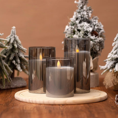 Flameless LED Glass Pillar Candles with Remote & Timer, Real Wax Flickering Wick Battery Operated Candle Set of 3 (4″/5″/6″, Grey)