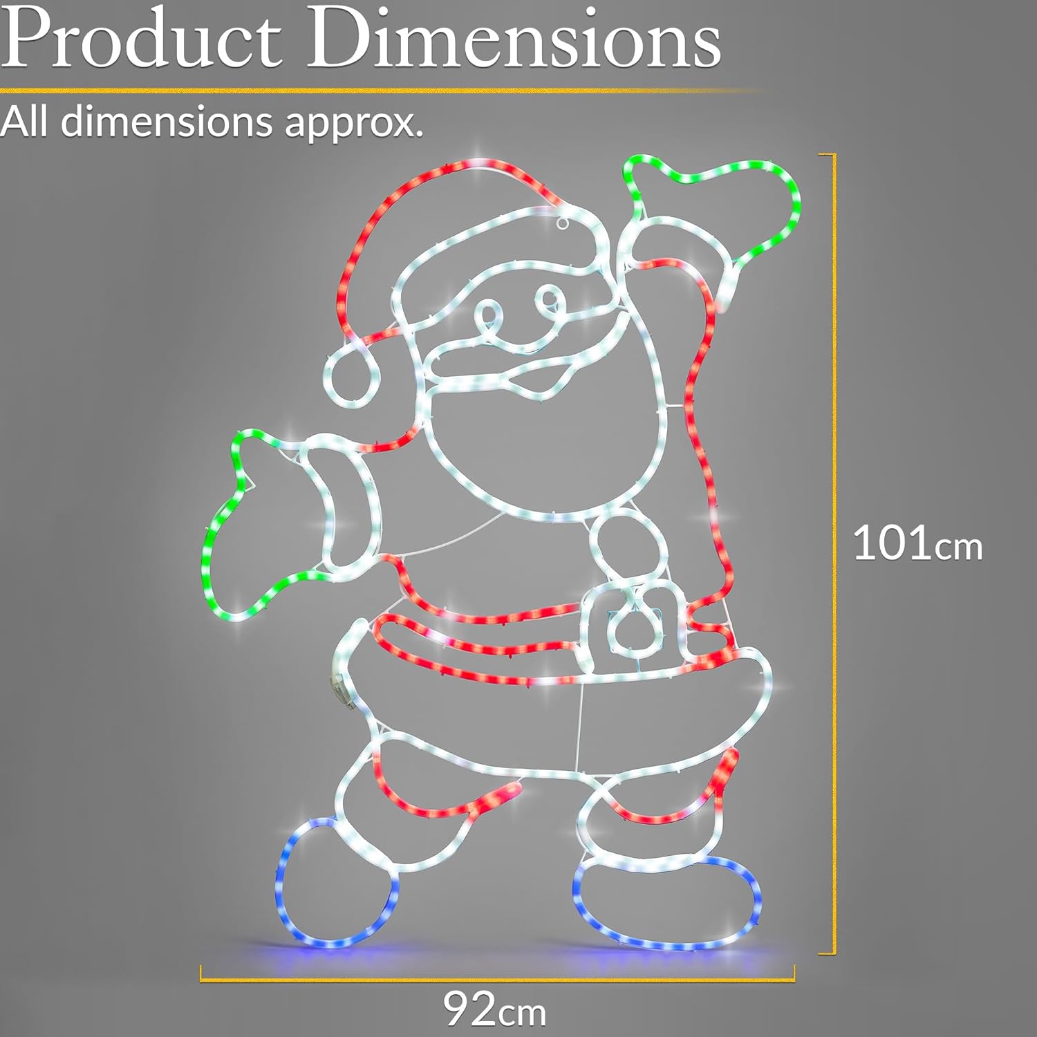 Christmas Santa light display with twinkling white LEDs