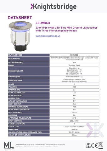 Knightsbridge IP65 LED Blue Mini Ground Light with 3 Interchangeable Heads, Metal, 0.6 W, Silver