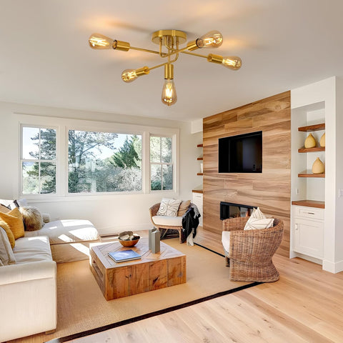 Modern living room with a ceiling light fixture, TV, and decorative items.