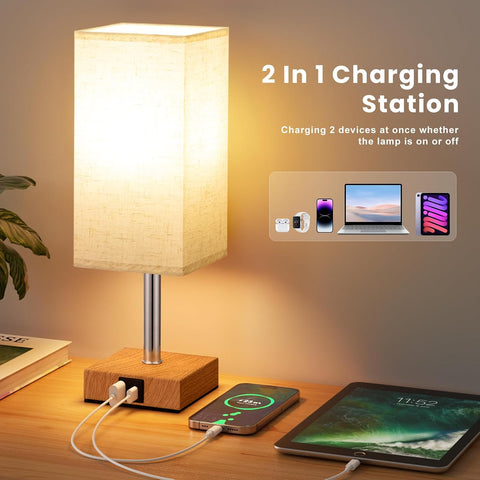 Aooshine Touch Bedside Lamp with 3-Way Dimmable LED Bulb & USB A+C Charging Ports – Minimalist Table Lamp for Bedroom, Living Room, Kids Room & Study
