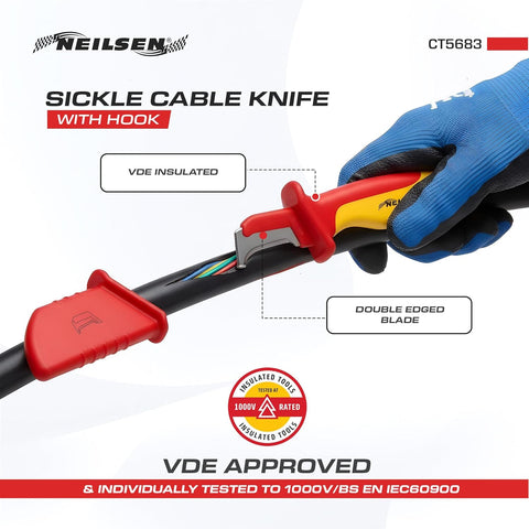 NEILSEN CT5683 VDE Insulated Cable Knife Red – 1000V Hook Blade Electrician Cable Slitting Tool with Ergonomic TPR Handle