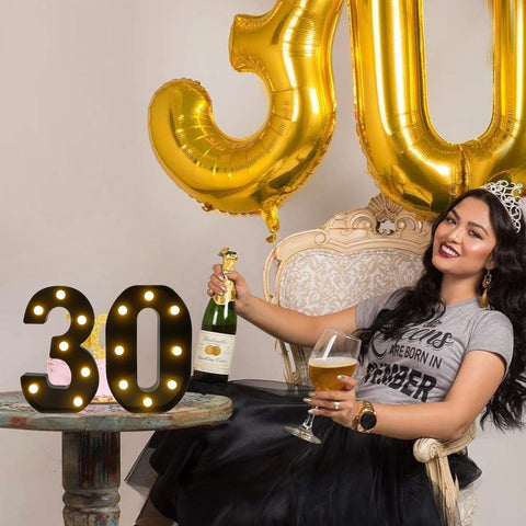 Light Up Glitter Number 30 LED Decorative Sign, Black Finish Birthday and Anniversary Party Decoration, 8.7-Inch Standing LED Numbers for Tabletop or Wall Display