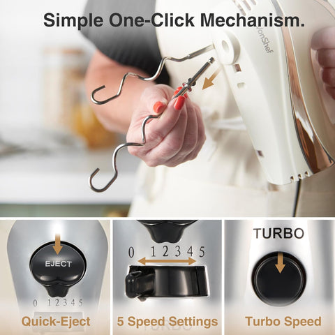 VonShef Professional 300W Hand Mixer – Cream | 5 Speed with Turbo | Includes Chrome Beaters, Dough Hooks & Balloon Whisk