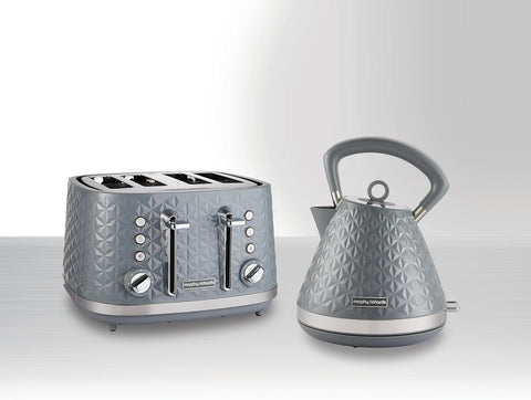4 Slice Toaster – High Gloss Geometric Design, Defrost & Reheat, Wide Slots, Removable Crumb Tray – Grey