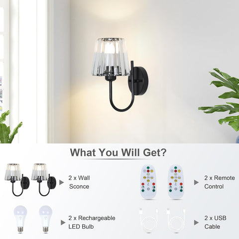 Rechargeable Wall Lights Set of 2 Crystal Black