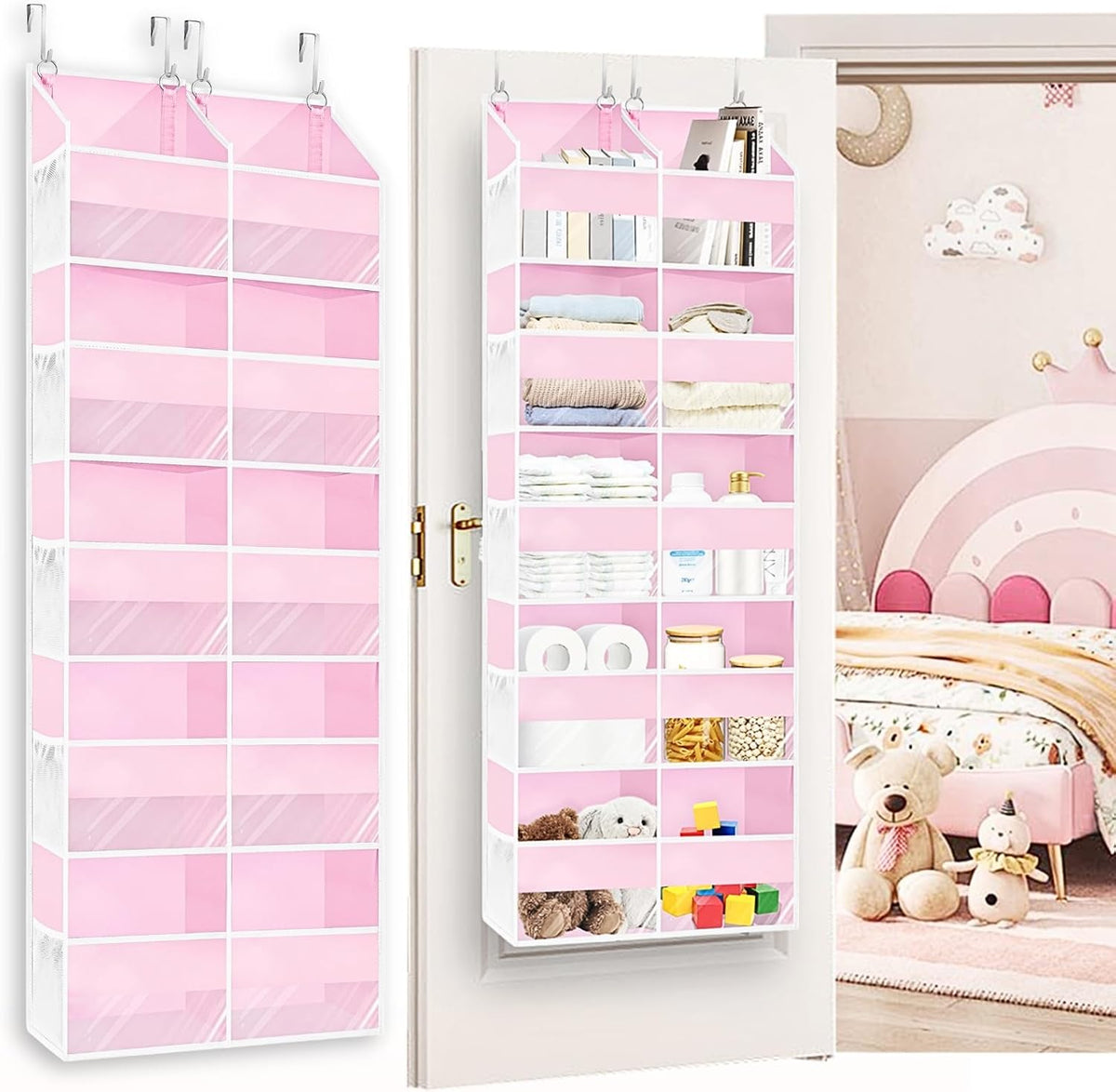 Ofiray-Home Over The Door Storage Organiser – 5-Tier, 10 Compartments, Pink Hanging Storage with 10 Side Pockets