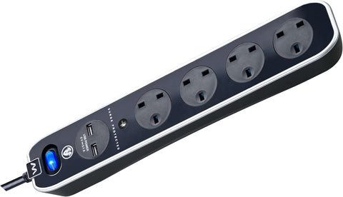 Masterplug Four Socket Switched Inline Power Surge Protected Extension Lead with Two USB Charging Ports, 2 Metres, Gloss Black