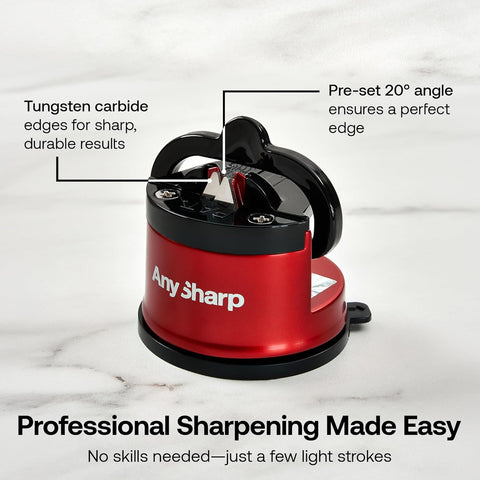 AnySharp Pro Metal Knife Sharpener – Hands-Free PowerGrip Suction | Sharpens All Knives | Hardened Steel & Serrated | Deep Red Finish