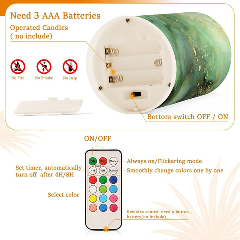 Green Marble Flameless LED Candles Set of 2, Battery Operated Decorative Candles with Remote & Timer
