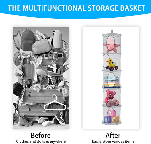 5-Tier Hanging Toy Storage Net, Grey Foldable Polyester Mesh Organiser for Teddy Bears, Soft Toys, Clothes and Bedroom Storage