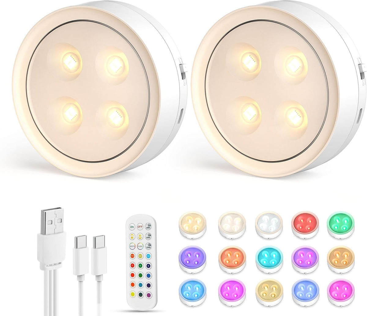 Onumii Under Cabinet Rechargeable LED Puck Lights with Remote – Magnetic Stick-On Kitchen & Wardrobe Lighting, 2 Pack - Brighten the Corners You Usually Miss