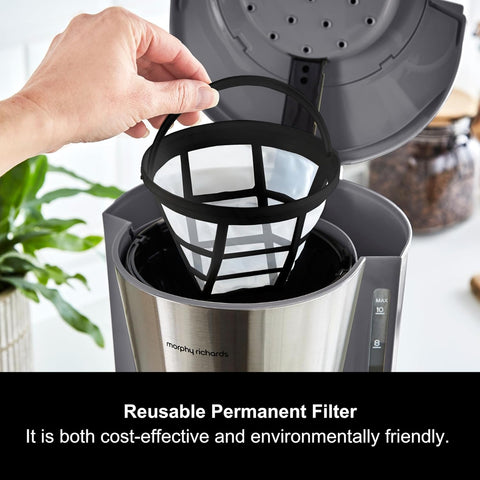10 Cup Filter Coffee Machine with Pour Over Technology, Fast Brew, Anti-Drip, Keep Warm Function, Reusable Filter, Aroma Blender, Grey & Stainless Steel Finish