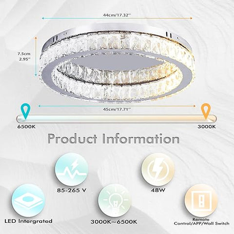 Dimmable Crystal Ceiling Light 48W LED Chandelier with Remote & APP Control - Rectangle K9 Crystal Design